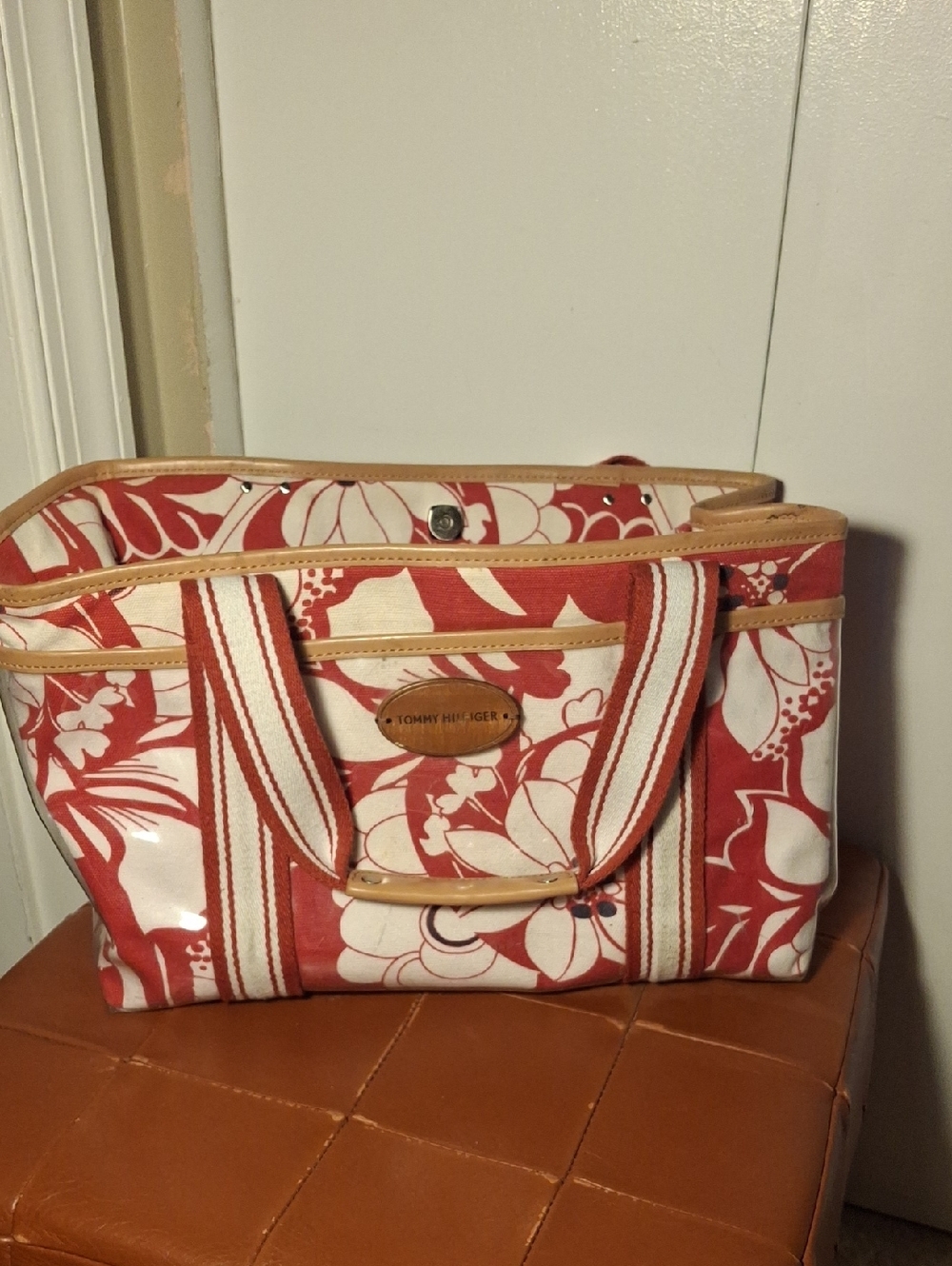 Tommy Hilfiger Red Floral Canvas Tote Bag